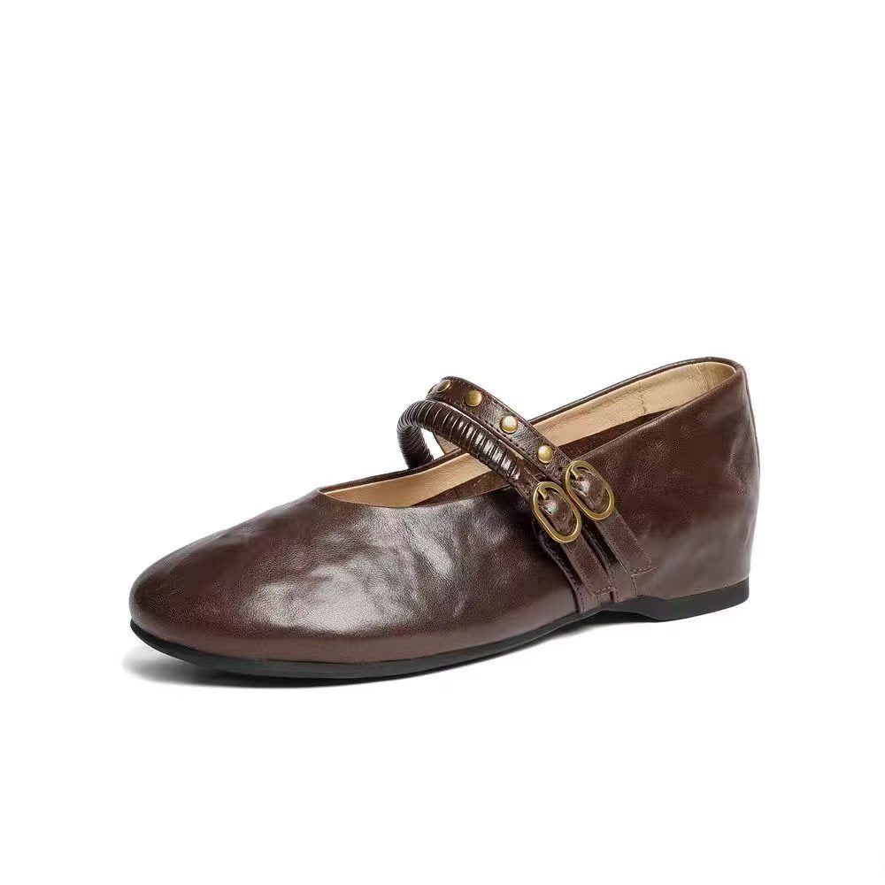 Studded Double-Buckle Mary Jane Flats - 米色