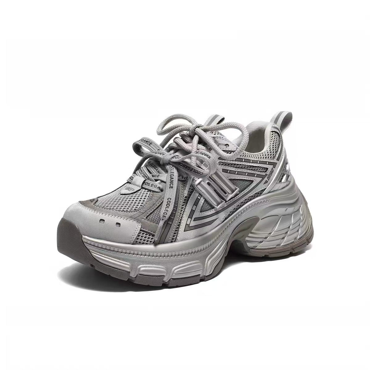 Silver Y2K Chunky Mesh Platform Sneakers - 银灰色