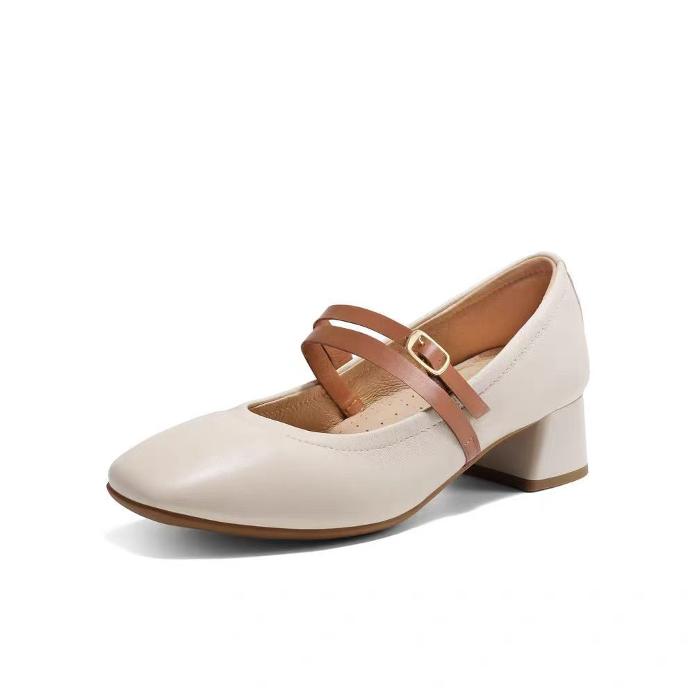 Mary Jane Block Heels - 白色