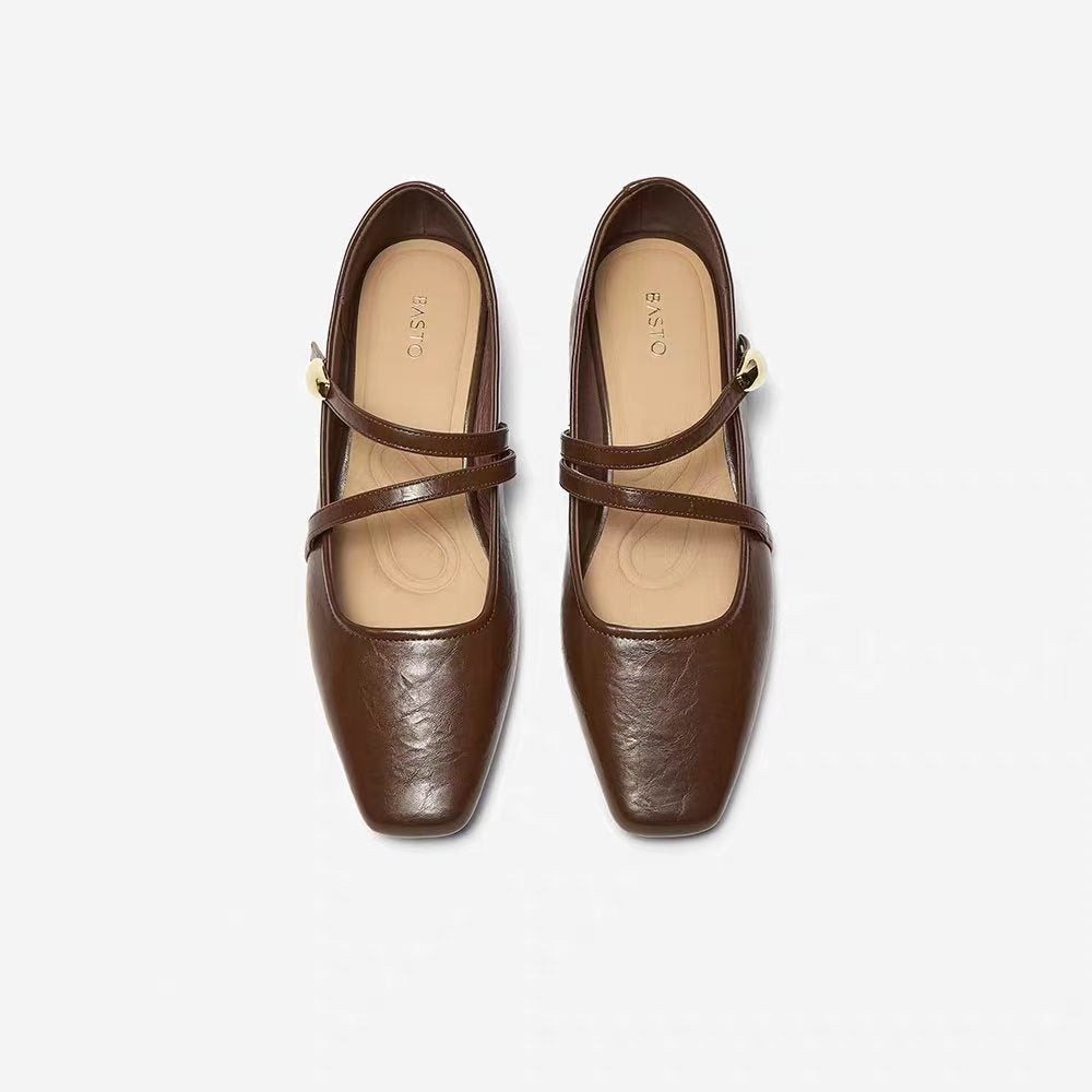 Cognac Crisscross Strap Mary Jane Flats - 棕色