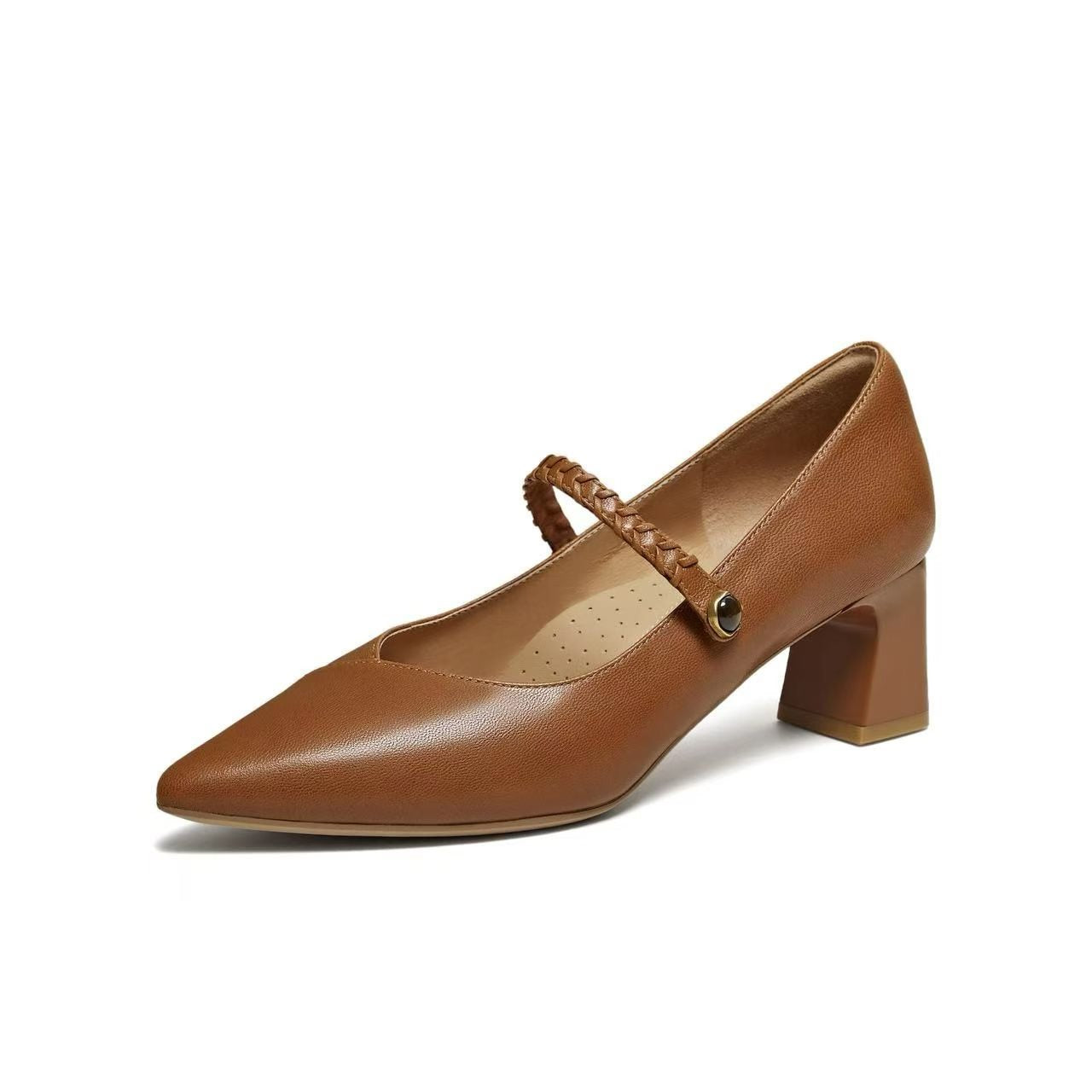 Pointed Block Heel Mary Jane 棕色