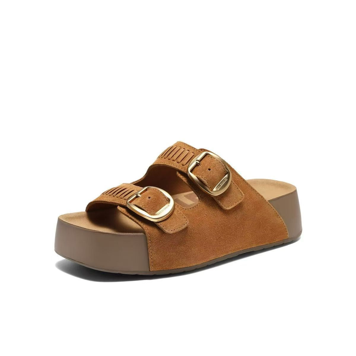 Platform Double Buckle Slide 棕色