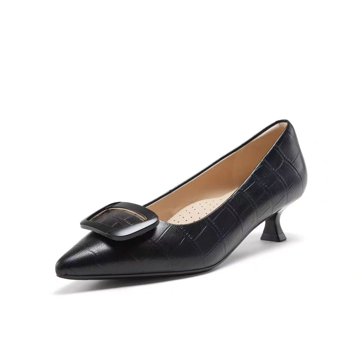 Croc-Embossed Buckle Kitten Heels - 黑色
